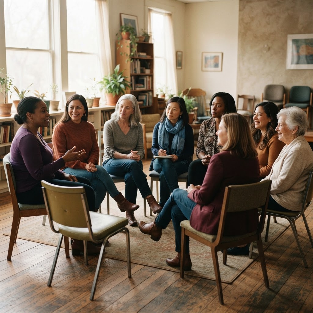 Women gathered in a supportive circle at a WUP community meeting