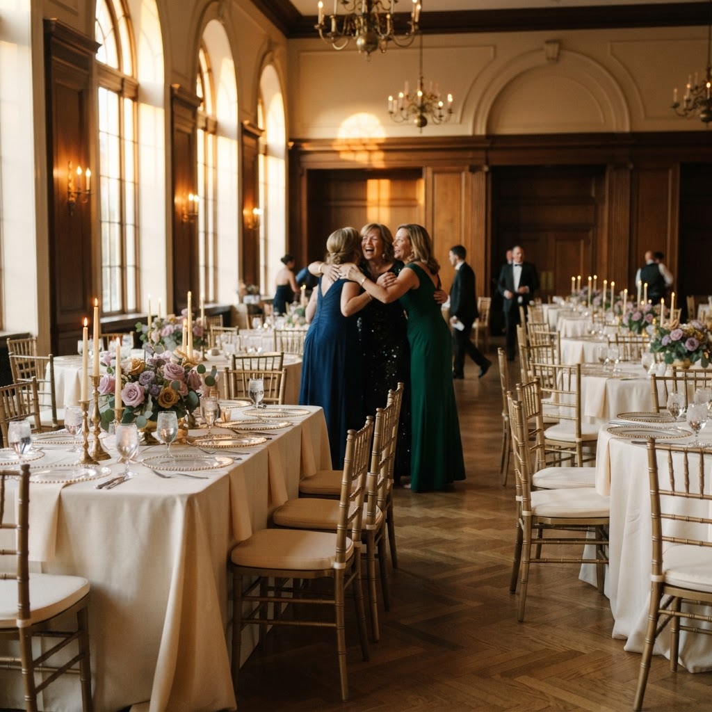 An elegant gala ballroom being prepared for the Women United In Purpose Launch Gala