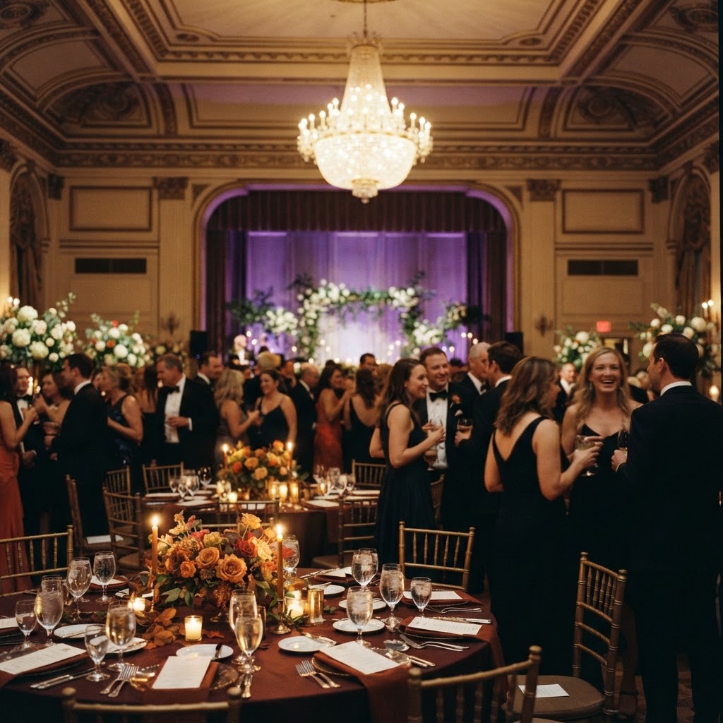 A warm September evening gala setting with candlelit tables and a softly lit stage